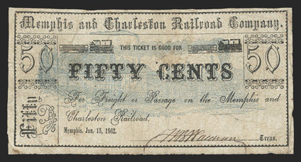 TN. Memphis. Memphis and Charleston Railroad Company. 50 Cents. Jan. 15, 1862. (Sheheen-656). Blue overprint of train across face. Two small trains with passenger car, left and
right, directly underneath title. Two light paper skins on