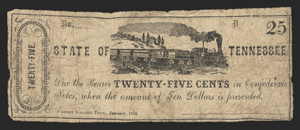 TN. Smithville (Cherry Valley). Unknown Issuer. 25 Cents. January 1863. Plate D. Decorative end panel left. Steam train at center. We are unable to ascertain the issuer or
serial number on this VGF example of scrip. From The Joe