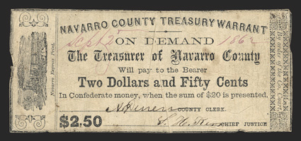 TX.(Corsicana). Navarro County. $2.50 Sep. 2, 1862. (Medlar 3. BC-272). Train across left end. Decorative end panel at right with By order of the Co. Court across. Imprint of
Navarro Express Print. Fine. ex Schingoethe, Sale 2
