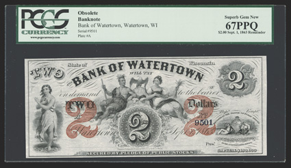WI. Watertown. Bank of Watertown. $2. Sept. 1, 1863. (WI-825 G4a). No. 9501. This Deuce from TCC on this Wisconsin bank also features double red denomination overprints. Indian
brave and Persephone flank globe with eagle atop, geometric