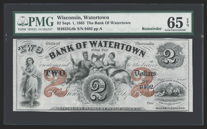 WI. Watertown. Bank of Watertown. $2. Sep. 1, 1863. No. 9492. (WI-825, G4b.) Maiden at left. Indian and Maiden with Eagle at top center. Two sailors sitting with State shield
at bottom right. Two Red 2 overprints at each side. PMG