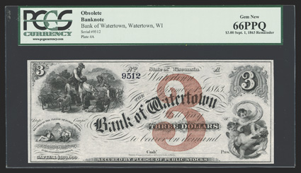 WI. Watertown. Bank of Watertown. $3. Sept. 1, 1863. (WI-825 G8b.) A third great TCC Wisconsin note with singular and large red denomination overprint, unlike the $1 and $2 on
the bank. At upper left, a man waters his horse in trough wh