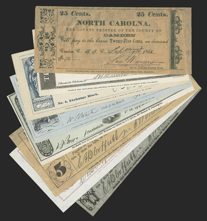 Grouping of Upham Shinplasters. [8] An interesting grouping of Rebel Shinplasters by famed Confederate counterfeiter S.C. Upham of Philadelphia. Catalog numbers reference
Counterfeit Confederate Currency by George Tremmel, a required re