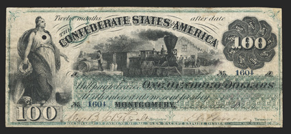 T-3. $100. Cr. 3, PF-2. No. 1604. Plate A. Railway train at center. Columbia at left. Signed by Clitherall and Elmore and issued on June 21,1861. Clear margins all around.
Fine, one small punch cancel on Columbias breast. A professionally