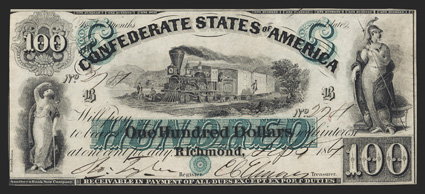 T-5. $100. 1861. Cr. 5, PF-1. No. 2781. Plate B. Justice standing at left. Hudson River Railroad scene at center. Minerva standing at right. This is the first type to be
printed from Richmond, with only 5,798 notes issued of this type. A lovely