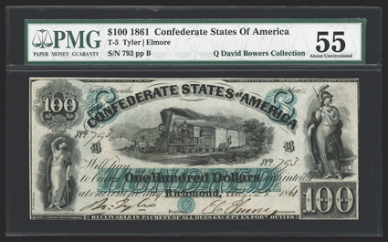 T-5. $100.  Aug. 28, 1861. Cr. 5, PF-1. No. 793, Plate B. Justice at lower left. Hudson River Railroad at center. Minerva at right.  The beautiful dark green overprints
contrast very nicely with the sharply printed vignettes. Signed by Tyler an