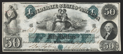T-6. $50. 1861. Cr. 6, PF-1. No. 627. Plate B. Lovely allegorical representation of Justice, upper left. Agriculture and Industry seated on bale of cotton, center. Handsome
profile bust of Washington, right. VFEF, lower right corner is tri