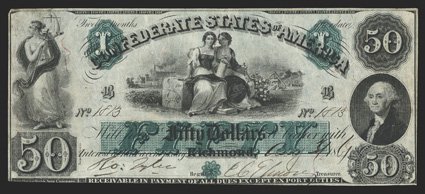 T-6. $50. 1861. Cr. 6, PF-1. No. 1813. Plate B. Justice at left Agriculture and Industry seated on a bale of cotton at center. Washington bust at right. FVF, with a couple of
pinholes and a mounting remnant on back. From The Collection