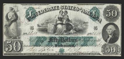 T-6. $50. 1861. Cr. 6, PF-1. No. 3680. Plate B. Justice at left Agriculture and Industry seated on bale of cotton at center. Washington bust at right. Three punch cancels have
been repaired on this Fine example. From The Collection of Jo