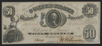 T-8. $50. 1861. Cr. 20, PF-8. No. 12576. Plate C. Tellus at left Washington, center. for printed before Treasr. Printed on thin paper. A beautifully framed About Uncirculated
example.