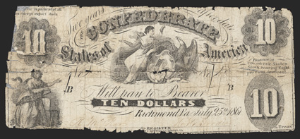 T-10. $10. 1861. Criswell Unlisted, PF-5. No. 12055. Plate B. Commerce to the left Liberty and American Eagle with Shield, center. Redrawn For before Treasr at lower right,
which is very small on this plate. Printed on thick bond paper