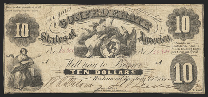T-10. $10. 1861. Criswell 36A, PF-16. No. 50351. Plate A. Commerce to the left Liberty and American Eagle with Shield, center. Small 10 upper left for written by signer over
Treasr at lower right. Printed on thin paper. Fine, with two