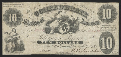 T-10. $10. 1861. Cr. 37, PF-20.  No. 85286. Plate A. Commerce at left. Liberty and American Eagle with shield, center. Small 10 at upper left. for is printed over Treasr at
lower right.  Fine.