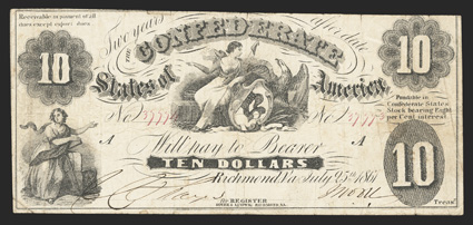 T-10. $10. 1861. Criswell Unlisted, PF-18. No. 37774  37773. Serial Mismatch. Plate A. Commerce, left. LIberty and American eagle with shield, center. Small 10 upper left. For
not written at lower right. Printed on thick bond paper. In