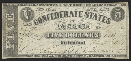 T-12. $5. 1861. Cr. 47, PF-1. No. 953, Plate G. Confederate States of America in blue on the back. It is commonly referred to as the Manouvrier note, so named after the printer
J. Manouvrier in New Orleans. The design was thought to be simp
