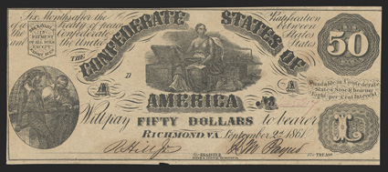 T-14. $50. 1861. Cr. 65, PF-4. No. 45217, Plate AD. Sailors at lower left. Moneta with treasure chest at top center. Paper has toned to a khaki color. About Uncirculated, with
some ink burn in the Treasurer signature, and a small notch out
