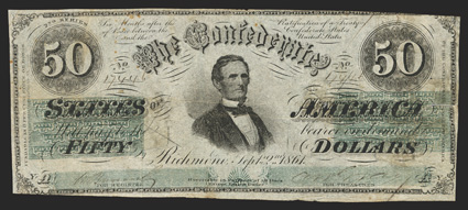 T-16. $50. 1861. Cr. 93, PF-16. No. 17446. Plate YA. 2nd Series. Jefferson Davis center. Engravers name below FUNDABLE at left margin. Printed on paper watermarked CSA in block
letters. Stamp hinges covering cut cancels and tear from right