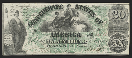 T-17. $20. 1861. Cr. 99, PF-1. Plate A. No. 25559. Liberty, left. Ceres seated between Commerce and Navigation, center. This gorgeous Uncirculated example is also a tragic
example due to an almost 2 14 vertical tear down the right side o