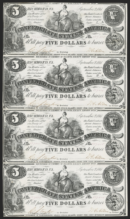 T-36. $5. Cr. 274, PF-2. Plate 9A - 12A. Sheet of Four.  No.127015. Sailor at left. Commerce seated on a bale of cotton in the center. VFEF with a paper separation between the
second and third notes at left.