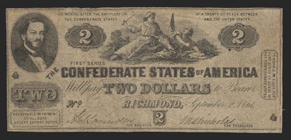 T-38. $2. 1861. Cr. 286, PF-1. No. 5365, Plate 4. Judah Benjamin at upper left. South striking down the Union at top center. This issue was erroneously dated September 1, 1861
instead of June 2, 1862 by Blanton Duncan, with approximately 3500 n
