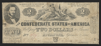 T-38. $2. 1861. Cr. 286, PF-1. No. 1639. Plate 1. Judah P. Benjamin, left. The South striking down the Union, center. Very Good, with tape repairs noted on back to close
internal tears and at right edge.
