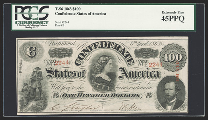 T-56. $100. 1863. Cr. 404, PF-2.  No. 2244. Soldiers at left. Lucy Pickens at center. George W. Randolph at lower right. This 1st Series variety has two flourishes just before
the 1 in 1st at left. PCGS Extremely Fine 45PPQ.