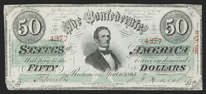 T-57. $50. Cr. 408, PF-3. Plate WA. No. 4377. Jefferson Davis. State III - No VA. This 1st Series example is missing the initials of VA at the left edge after Keatinge and
Ball. While the note would grade Extremely Fine, the lower left