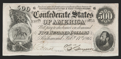 T-64. $500. 1864. Cr. 489, PF-2. No. 23055.  Plate B.  Confederate seal and battle flag, left Stonewall Jackson, right. Light Pink under tint.  Choice AU, with great
embossing.