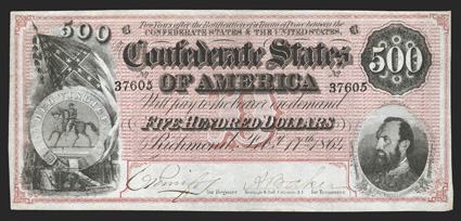 T-64. $500. 1864. Cr. 489B, PF-3. No. 37605. Plate B. Confederate seal and battle flag, left. General Thomas Stonewall Jackson, right. Beautiful dark red underprint. Very
Fine.