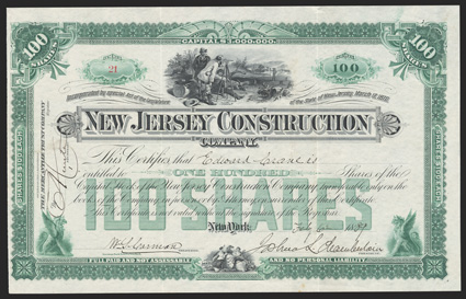 New Jersey Construction (NJ), $100 shares, 1889, 21, signed by Joshua L. Chamberlain as president, surveyors at top, NJ state arms at bottom, green with gryphons at lower
corners, tones, spots in lower margin, VF+. Joshua Lawrence