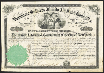 City of New York, $1000 6% Volunteer Soldiers Family Aid Fund Bond No. 3 July 3, 1862, 97, signed by George Opdyke as mayor, Liberty and allegorical female with city seal top,
seal again bottom, toned, fold and edge wear including partia