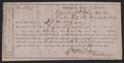 FL. Lake City. $900. March 30, 1864. FL-9. Richmond Type II, Bank of St. Johns. No. 1837. Issued to F.M Bryan, and with his signature and assignment on reverse to W.J.
McAlister, who then assisgns it over to the State of Florida for payment