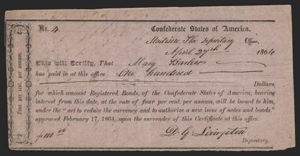 FL. Madison. $100. Apr. 27, 1864. FL-11. Richmond Type II. No. 4. Approximately 100 IDRs were issued in Madison over an almost three month period. This FVF example is cut
cancelled with three pinholes. Transfer statement on back. Fr