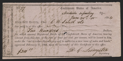 FL. Madison. $200. June 21, 1864. FL-11. Richmond Type II. No. 27. Two transfer statments are on back of this FVF example that has some paper loss around the cut cancels and
some ink burn at lower left. Pinholes also noted. From The