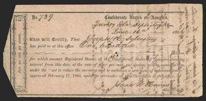 FL. Quincy. $100. June 16, 1864. FL-20. Richmond Type II. No. 739. Only 75 were issued of this type, and today is listed as a Rarity 13 (3-5 known). Fine+ with small paper loss
around cut cancel. Two transfer statements on back. From