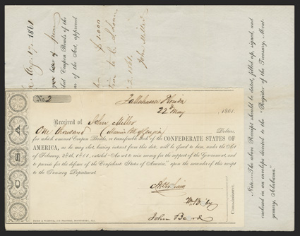 FL. Tallahassee. $1,000. May 22, 1861. FL-23. Montgomery Type I. No. 2 This IDR and bond receipt have been glued together along left edge of the IDR and the top of the receipt
page. The IDR has been punch cancelled through the signatures, a