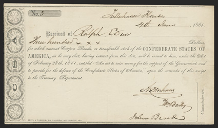 FL. Tallahassee. $300. June 4, 1861. FL-23. Montgomery Type I. No. 3 Only 20 examples are said to have been issued of this type from May through July, 1861. This type is
printed on thick white paper, with the present example having no pinho