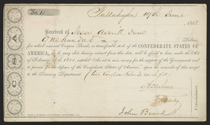 FL. Tallahassee. $100. June 19, 1861. FL-23. Montgomery Type I. No. 4. We find it interesting to note that this example (Serial No. 4) was issued 15 days after the previous lot
(Serial No 3). Fine, with some internal paper separation al