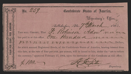 FL. Tallahassee. $100. March 7 , 1864. FL-38. No. 259. Same as previous but printed on dark pink paper. This is a mate to the Plate Note pictured on page 140, as Mr. Robinson
requested to have his obviously larger deposit broken down into s
