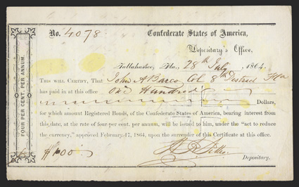 FL. Tallahassee. $100. July 28,. 1864. FL-47. No. 4078. As previous, except on white paper. FVF, cut cancelled, with lightly starched paper, possibly was lemon yellow
previously before being wet due to yellow spots on front and back. <