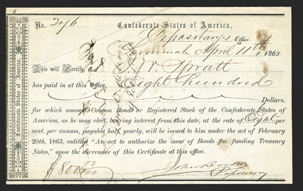 GA. Savannah. $800. April 11, 1863. GA-112. Richmond Type 1. No. 276. Approximately 250 IDRs were issued of this type. Fine, small tear with tape, ink burn. From The Holger
Dreher Collection