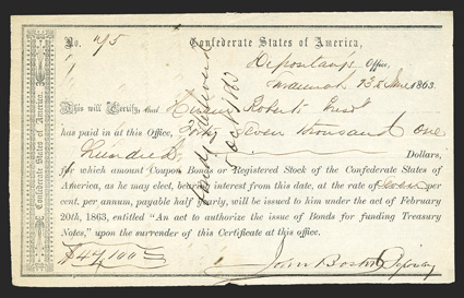 GA. Savannah. $47,100. June 13, 1863. GA-115. Richmond Type I. No. 75. Endorsement on back, along with detail about delivered bonds. VF. From The Holger Dreher
Collection