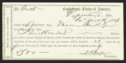 GA. Savannah. $500. March 16, 1864. GA-136. Savannah Type 2. No. 2015. IDR Plate Form, page 189. This type is printed on thick white laid paper. There is a hardly discernable
blue stamp across the face of the form. EF. From The Ho