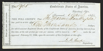 GA. Savannah. $1,000. April 1, 1864. GA-1389. Type 4. No. 8965. This appears to be a transitional example, as it falls under the serial number range for GA-138, but March is
not printed on the date line to the right of Savannah like GA