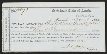 GA. Savannah. $500. April 1, 1864. GA-1389.  No. 8973. As the previous lot, this EF example falls under GA-138 serial number range, but doesnt have March printed either. From
The Holger Dreher Collection