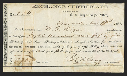 LA. Monroe. $570. November 17, 1864. LA-32. Houston Type 14, Exchange Certificate. No. 234. Paul McEmery signs as Depositary on this Fine certificate. Light stains are noted,
and some small ink burn spots the size of pinholes are also n