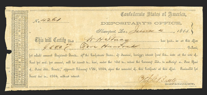 LA. Shreveport. $500. June 4, 1864. LA-57. Type 1, Local Form.  No. 4261. IDR Plate Form, page 206. This VF example is printed on white wove paper for 4% Registered Bonds. A
notch at left is noted along with some pinholes.