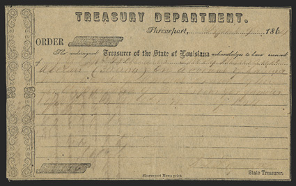 LA. Shreveport. $30,000.  April 9, 1864. A Louisiana Treasury Department document regarding $30,000 being deposited, but the ink has faded.  Imprint of Shreveport News print at
bottom. Extremely Fine.