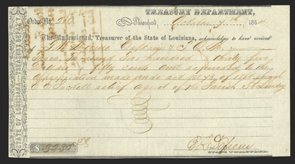 LA. Shreveport. $3,235.50. October 7, 1864. No. 210. This State of Louisiana Treasury Department form states that Relief Agent of St. Landry Parish C.C. Pickett received the
above amount from a Captain and Assistant Quarter Master that appe