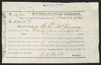 LA. Tangipahoa. $2400. March 31, 1864. LA-71. No. 1570. Printed on bluish ruled paper. VG with internal paper separations along fold lines. Black stamped at top William P.
Palmer Collection, and WAR written in pencil at upper le